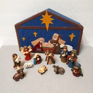Vintage Nativity Set, 11 Piece Manger Scene Resin Felt Christmas Figurine Creche
